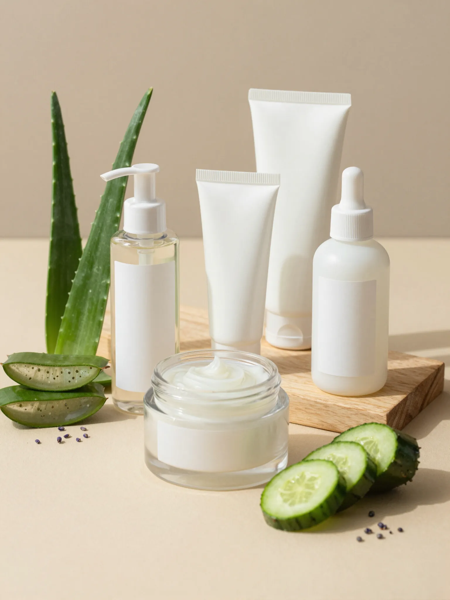 Personal care bottles on a bathroom shelf